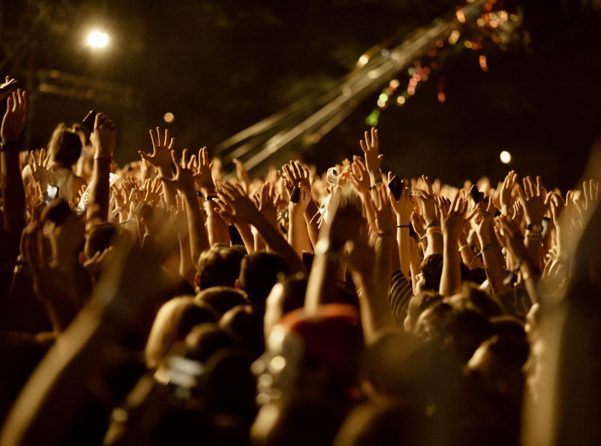 Large group of fans with arms raised having fun on a music concert at night.